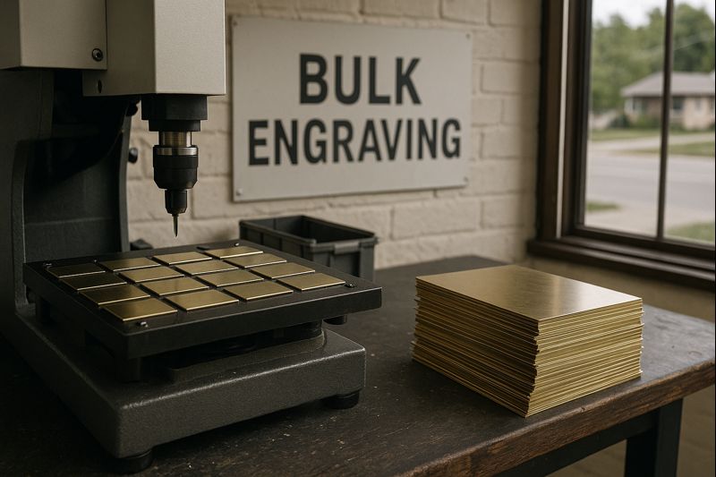 Photo of a local engraving workshop with an engraving machine and stacks of brass plates prepared for bulk engraving jobs.