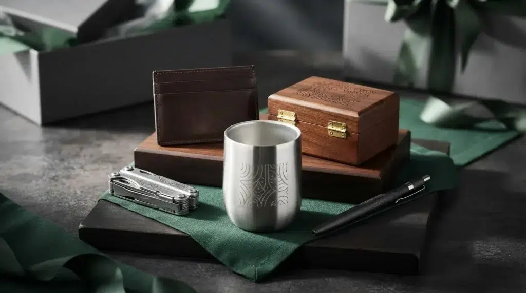 Personalized corporate gifts arranged on a dark table with green fabric accents.