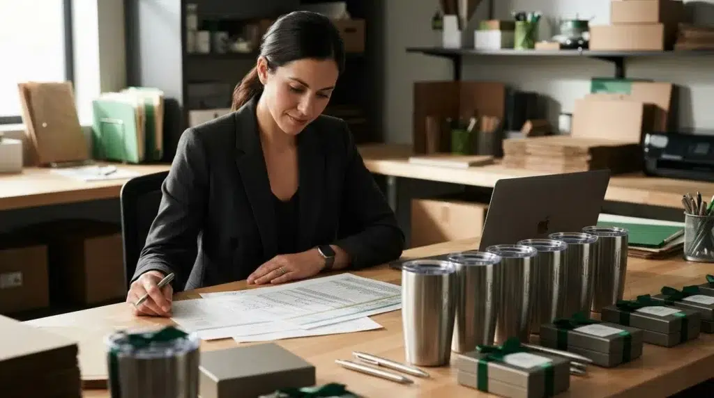 An event coordinator reviews papers beside engraved gifts and packaging supplies.