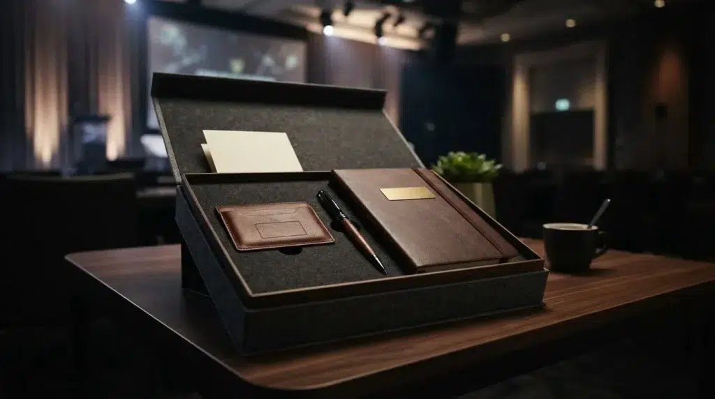 Leather card holder, notebook, pen, and blank card in an open gift box.