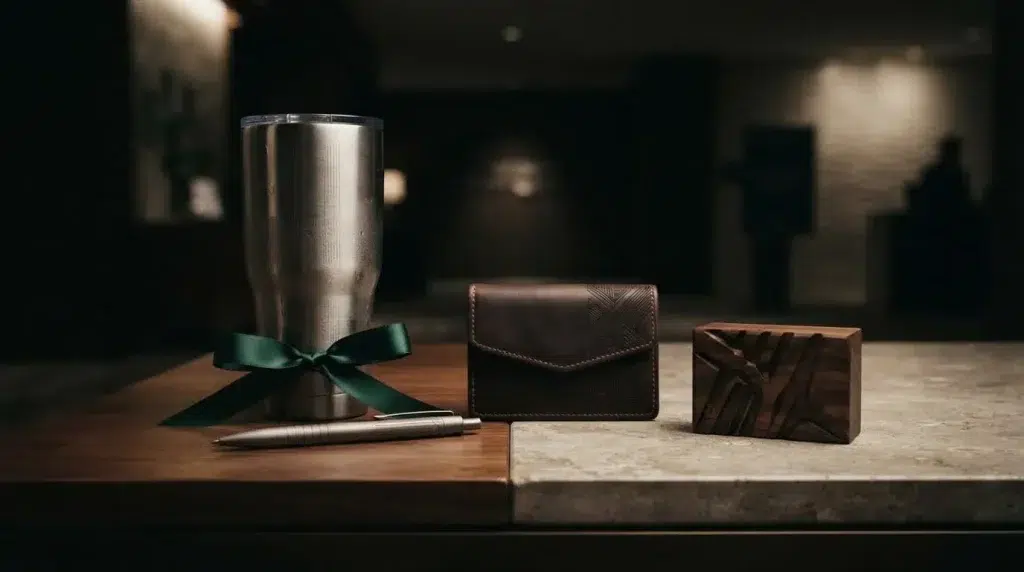 Four travel-ready appreciation items arranged on a conference reception table.