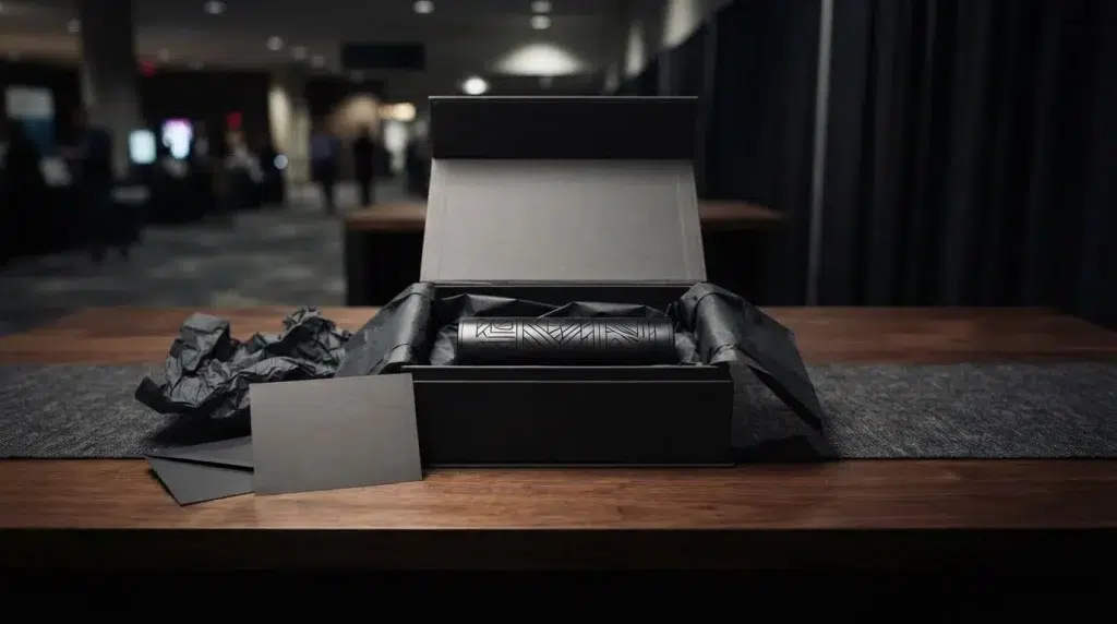 Engraved speaker in an open gift box beside tissue paper and a blank card.