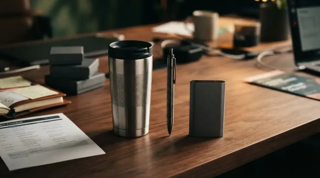 Three engraved travel gifts arranged on a walnut desk beside sample boxes.