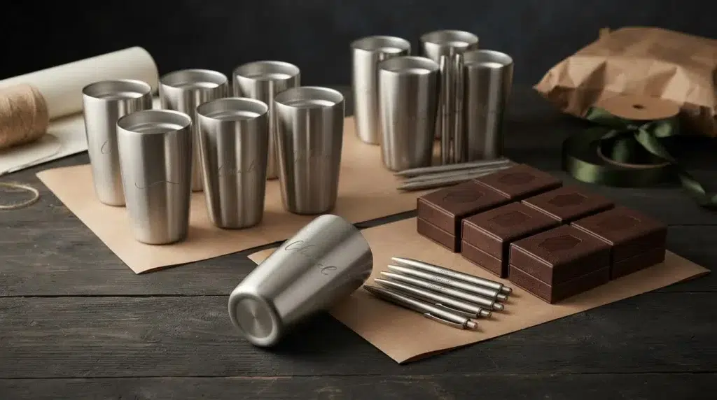 Six engraved tumblers, pens, and leather boxes arranged as a coordinated gift set.