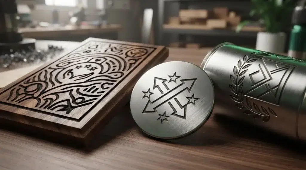 Engraved wooden plaque, metal pin, and steel tumbler arranged on a dark tabletop.