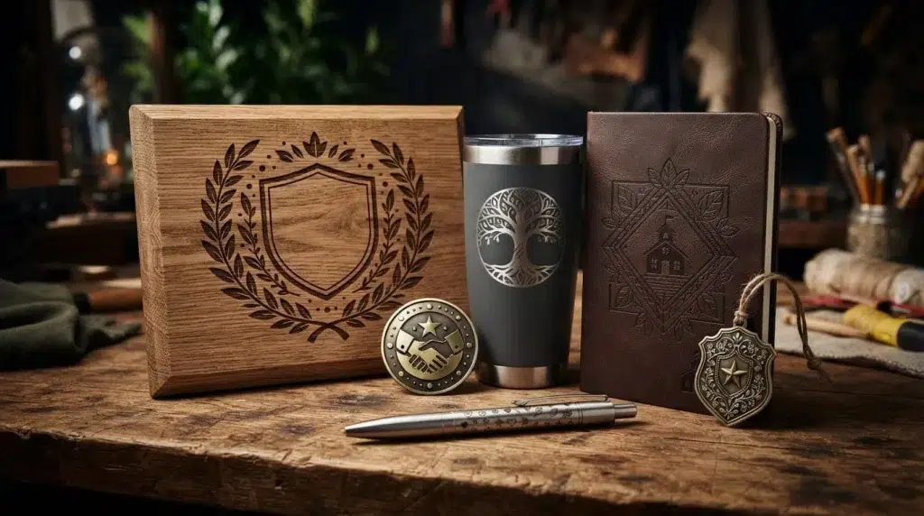 Six personalized volunteer awards arranged on a dark tabletop
