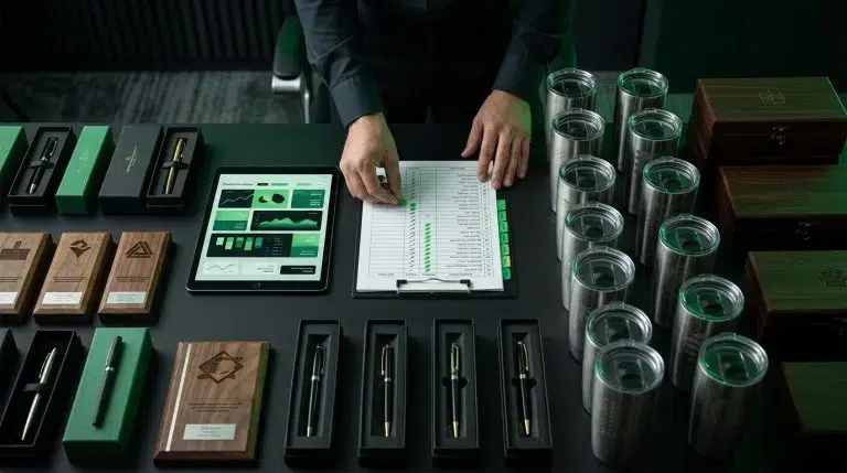 Personalized gifts arranged beside a checklist, approval tabs, and a tablet.