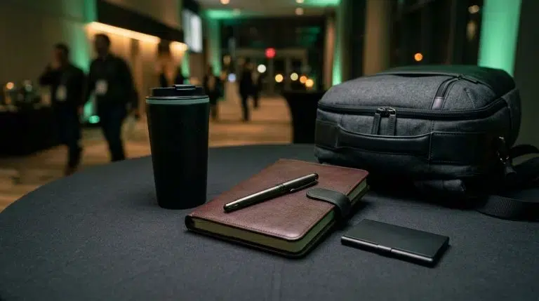 Engraved business gifts beside a compact travel bag on a dark tabletop.