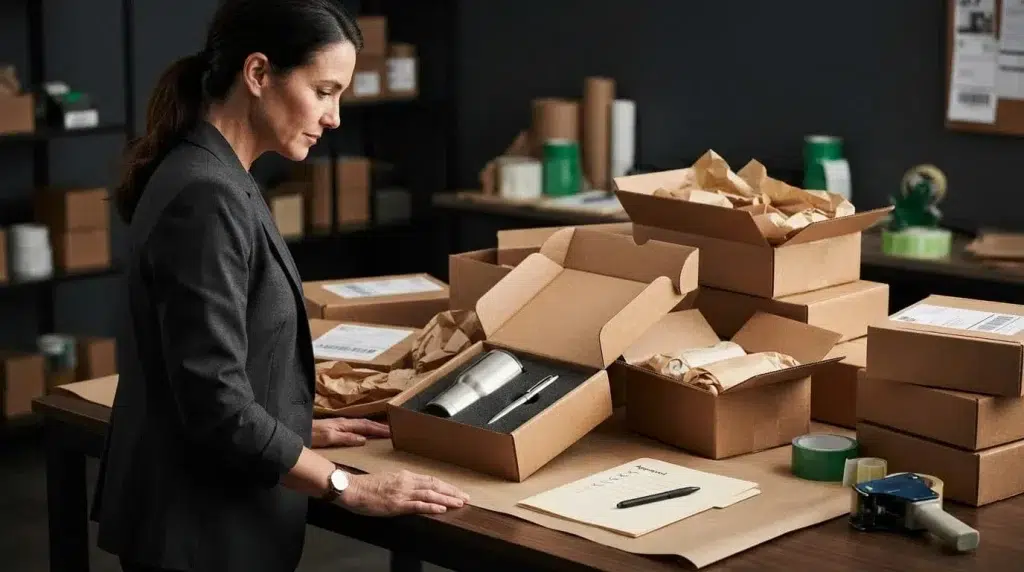 Office manager checks boxed awards, gifts, and an open tumbler package.