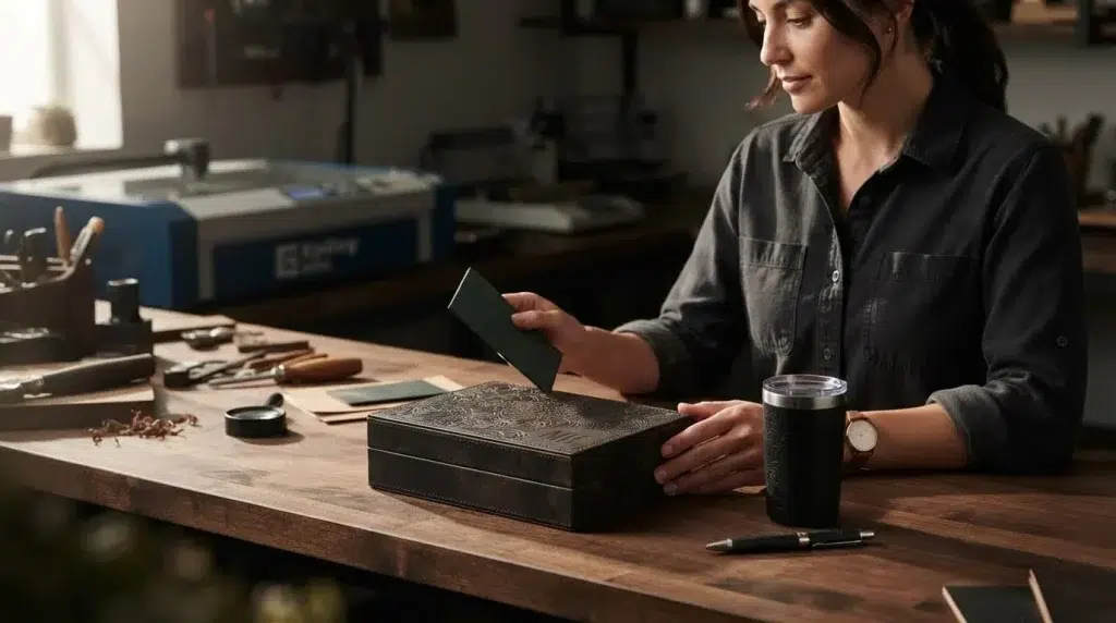A specialist checks an engraved leather box beside a pen and tumbler sample.