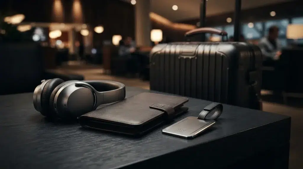 Three luxury travel gifts arranged on a lounge table beside a carry-on suitcase.