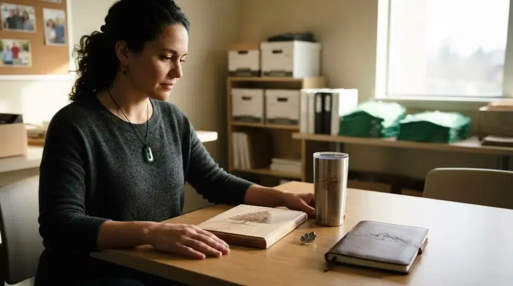 A coordinator reviews volunteer gift samples on a table in a bright meeting room.