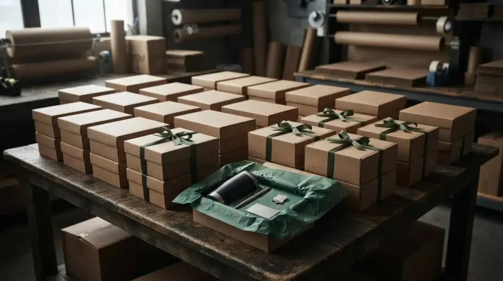 Kraft gift boxes with tumblers, pens, pins, and plaques on a packing table.
