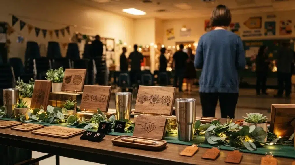Engraved gifts arranged on a table with one volunteer blurred in the background.